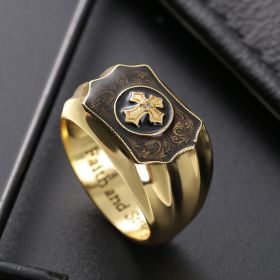 Golden Plated Cross Ring For Men Black Onyx Carved Faith And Strength Ring Jesus Bible Cross Religious Ring Gothic Punk Retro Vintage Prayer Ring (size: 11)
