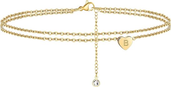 Turandoss Heart Initial Ankle Bracelets for Women; 14K Gold Filled Handmade Dainty Layered Anklet Letter Initial Heart Ankle Bracelets for Women Beach (Style: B)
