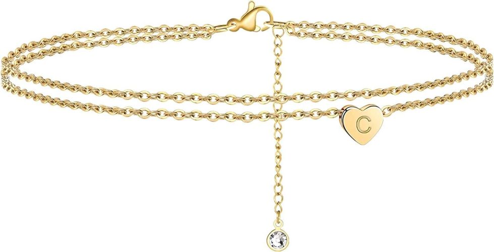 Turandoss Heart Initial Ankle Bracelets for Women; 14K Gold Filled Handmade Dainty Layered Anklet Letter Initial Heart Ankle Bracelets for Women Beach