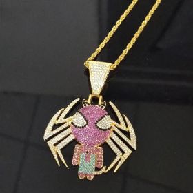 Hip Hop Anime Superhero Jewelry Iced Out Crystal Spider Pendant Necklace For Men Women With  Cuban Chain Choker Crystal Pendant Necklace (Color: Golded)