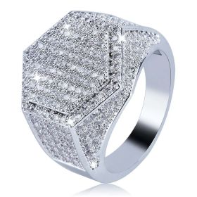 Plated Gold Ring For Men Full Inlaid Zircon Cubic Geometric Square Signet Ring Man's Engagement Wedding Ring Marriage Jewelry Gift (Color: silver, size: 9)