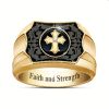 Golden Plated Cross Ring For Men Black Onyx Carved Faith And Strength Ring Jesus Bible Cross Religious Ring Gothic Punk Retro Vintage Prayer Ring